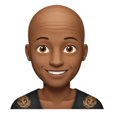 This is a cartoon-style avatar of a bald man with dark skin, golden-brown eyes, and facial tattoos, smiling with a friendly expression. sticker