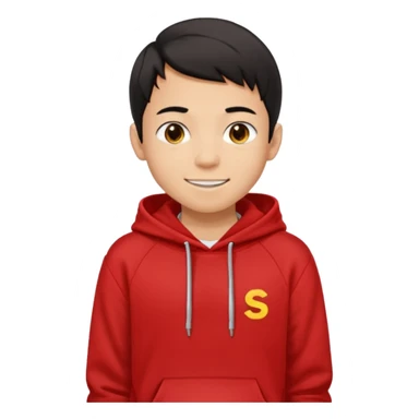 make me an emoji of an americain 15 yearold boy in a red hoodie that says "south" on it and give him with tan skin with his hands in his pockets with the sleevs pulled up grining with a jaw line sticker