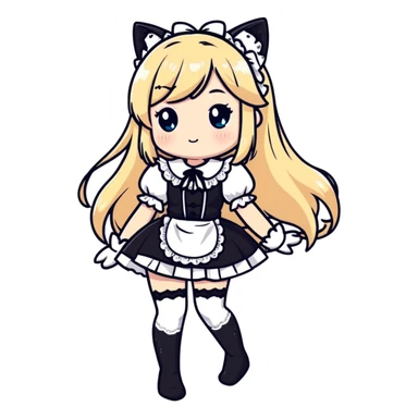 petite blonde catgirl woman long hair freckles shy lace white French maid white thigh highs sticker
