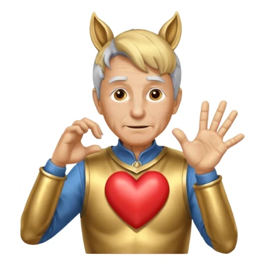 An elderly man with golden skin, his body shining like polished metal, wearing a horse cosplay costume with horse ears and a tail. He is making a heart shape with his hands and blushing slightly, showing a shy and embarrassed expression. sticker