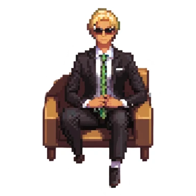 blonde businessman in suit sitting relaxed on vacation, resort background sticker