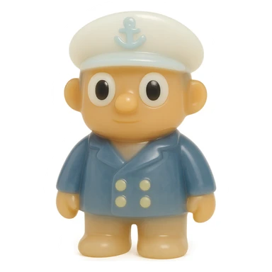 full-body boat captain, retro 90's toy style, very transparent and slightly see-through, natural tan skin, white captain's hat, navy jacket, large white eyeballs with small black pupils, soft plastic texture, soft reflections, soft and squishy, some cloudiness, not shiny, highly detailed, appealing, no tag, no background sticker