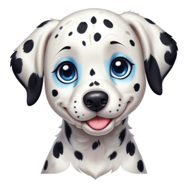 Cinematic Cute Spotted Dalmatian Portrait Emoji, Head tilted playfully and inquisitively, featuring a glossy Fur of predominantly white with dynamic black patches, round, sparkling blue eyes filled with gentle curiosity, Simplified yet irresistibly adorable features, highly detailed, glowing with a warm, friendly glow, high shine, affectionate and gentle, stylized with a touch of whimsy, bright and endearing, soft glowing outline, capturing the essence of a mischievous yet loving pup, so playful it feels like it could lumber out of the screen and into your arms! sticker