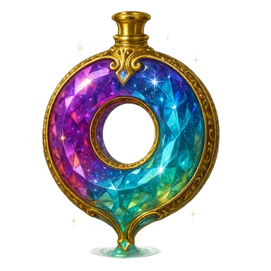 luxurious crystal elixir bottle shaped like a donut, beautiful, coated with colorful glaze, sprinkled with sparkles, lots of shine, edges, ornaments, golden details, magical effects, very small golden neck, transparent background, beautiful merging base, clearly hanging in the air, no base or shadow, premium class impression, design matching a collection of crystal, luxurious, magical bottles sticker