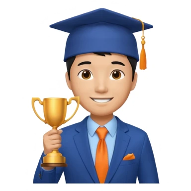 An asian man wearing student hat, blue suit and orange tie, holding a trophey sticker