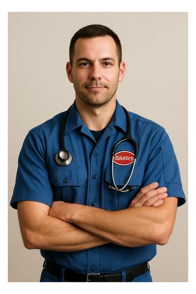 male paramedic in a blue uniform, with a stethoscope, professional, simple background sticker