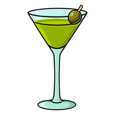 classic cocktail glass with perfectly clear colorless liquid like pure water, completely transparent with no tint, containing a green olive speared on a toothpick at the bottom sticker
