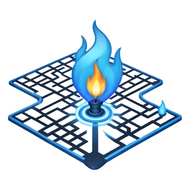 a map with a glowing blue flame on the x and networking paths sticker