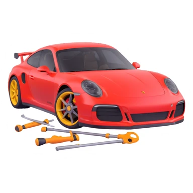 luxury Porsche car with a clearly visible dent on the bodywork, specific paintless dent repair tools such as rods, levers, and small hammers positioned to show active repair, elegant and modern sticker