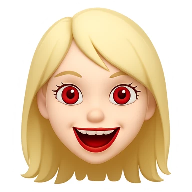 Change hair color to blonde, keep white girl with red eyes, cute but scary face laughing, in emoji style similar to apple style emojis, concise prompt. sticker
