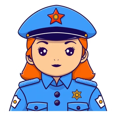Female Russian police officer with traditional Russian police fur hat and blue uniform sticker