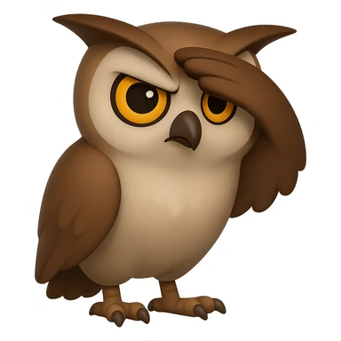 В стилистике эмоджи сгенерируй сову с сосредоточенным видом, которая держит крыло сверху лба, будто всматривается в даль, ее вид должен символизировать интуцию, чуйку, прозрачный фон sticker