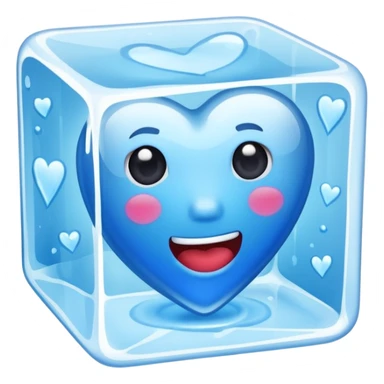 Ice cube with a flat mouthblue heart made of ice, inside an ice cube sticker