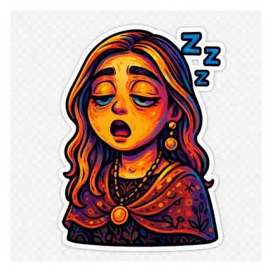 Create a cartoon sticker with a sleepy expression in the style of Flux Pro, with a transparent background. The style should reflect the vibrant and detailed characteristics of Flux Pro style. sticker