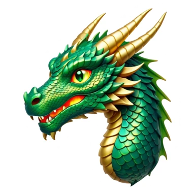 Cinematic Noble Dragon Portrait Emoji, Poised and majestic, with a sinuous, elongated body covered in intricately detailed, shimmering scales in hues of emerald and gold, and piercing, fiery eyes that reflect ancient wisdom; rendered with lifelike texture and natural highlights, high shine, intelligent and formidable, styled with an aura of mythic power, focused and attentive, soft glowing outline, capturing the essence of a legendary dragon that appears ready to soar out of the screen with timeless authority! sticker