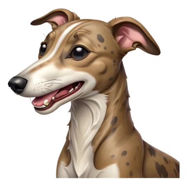 Cinematic Cute Yawning Brindle Greyhound Portrait Emoji, Head tilted slightly with a dramatic, wide-open yawn, showcasing a smooth brindle Fur with a refined pattern, floppy ears slightly drooping, round eyes barely open in drowsy contentment, Simplified yet irresistibly adorable features, highly detailed, glowing with a soft, cozy glow, high shine, relaxed yet expressive, stylized with a touch of whimsy, bright and endearing, soft glowing outline, capturing the essence of a sleepy yet affectionate racer, so drowsy it feels like it could stretch out of the screen and curl up for a nap! sticker