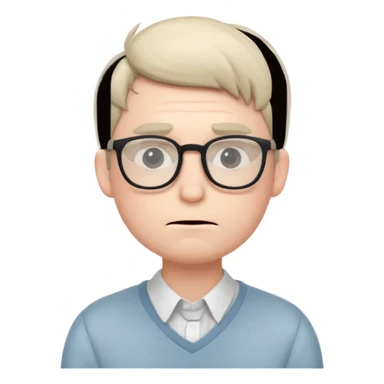 A small, timid-looking cartoon male character with pale skin, glasses, slightly nervous posture, blushing cheeks, subtle nerdy attire, soft color palette, stylized as a cute, minimalist emoji icon. sticker