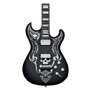 Create a dynamic and bold emoji representing the Dean VMNT AOD electric guitar (V-shaped model) inspired by Dave Mustaine's Angel of Death. The design should feature the sharp, angular 'V' shape of the guitar with a unique, striking graphic, including elements like dark skulls or angel wings to reflect the album's themes. Use bold colors like black with silver or gold accents, and add metallic details like chrome tuning pegs and pickups. The guitar should have a powerful, rebellious look, reflecting the heavy metal vibe. The background should be transparent. sticker