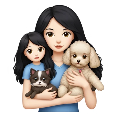 Lady with long black hair, holding 2 animals -a Ragdoll cat and a small poodle dog sticker