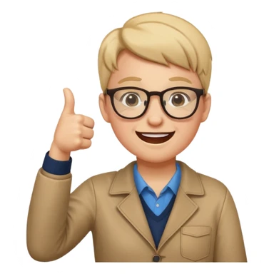 un estudiante que este parado con sus lentes guiñando el ojo y CON LAS MANOS HACIA ARRIBA DANDO LIKE sticker