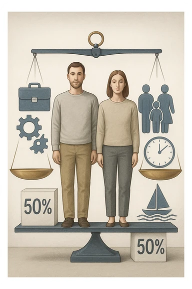 Uomo e donna in piedi l’uno accanto all’altra, al centro di una bilancia perfettamente in equilibrio. Entrambi vestiti in modo simile (moderno e neutro), con espressioni serene e rispettose. Sotto i loro piedi, due blocchi con scritto '50%' ciascuno. Sullo sfondo, elementi divisi simmetricamente: lavoro, famiglia, tempo libero, rappresentati equamente da entrambi. Atmosfera armoniosa, illuminazione equilibrata, colori neutri e simbolici (bianco, grigio, blu e oro). Stile realistico con accento simbolico sul concetto di equità in italiano sticker
