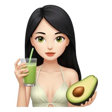 Long black hair with no bangs, very straight hair, pretty face. Wearing white plain halter top. Blushed cheeks, long lashes, nude glossy lips. One eyes with wink. One hand with avocado juice. sticker