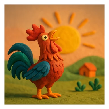 rooster crowing at sunrise, vibrant colors, soft lighting, detailed feathers in claymation style sticker