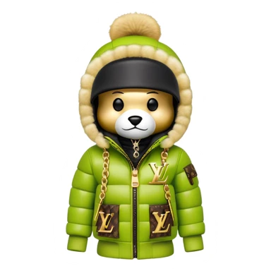 traditional cube-shaped bearbrick toy with squared head, lime balaclava with graffiti logos and integrated dark visor shield, Louis Vuitton monogram puffer jacket with plush fur hood trim, gold chains sticker