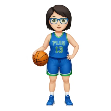 Full Body plus size white female basketball player with short dark hair with highlights spike hair wearing blue glasses  wearing blue green uniform smiling sticker