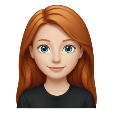 Ginger head woman with long hair and lightblue eyes, straight nose, almond eyes, black shirt,  sticker