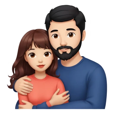 handsome mixed white asian man with black hair and beard, hugging cute tan skin girl with long wavy reddish brown hair with bangs and coral lipstick sticker