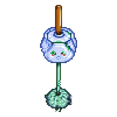 A simple mop cleaning a flat syrup spill on the floor, not inside a jar, in pixel art style, transparent background. sticker