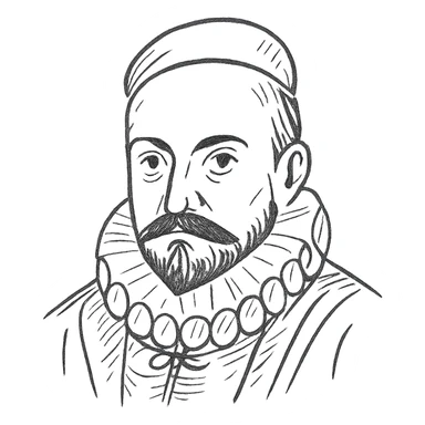 a hand drawn black outline portrait of philosopher Montaigne with similar-sized eyes based a famous portrait of him sticker