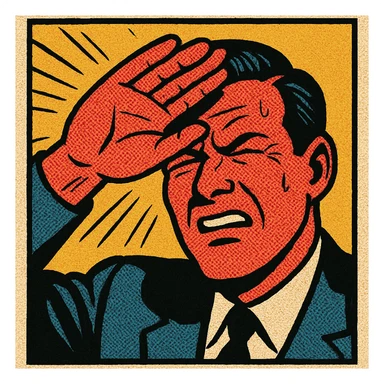 a man with a red face and squinting eyes, holding his hand to block the sun, comic style sticker