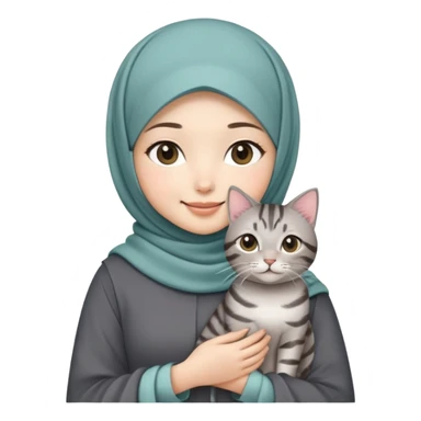 Asian White girl wearing cute hijab holding a black grey tabby cat while standing smiling.  sticker
