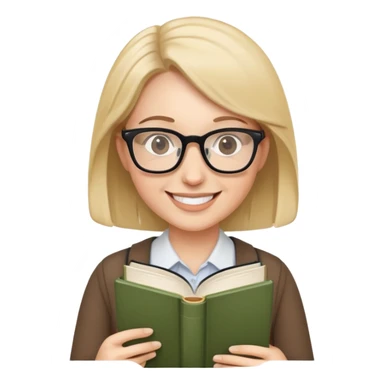 English teacher holding a book, smiling, wearing glasses sticker