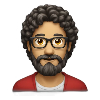 man with beard and very very long curly dark hair, wearing red square glasses sticker