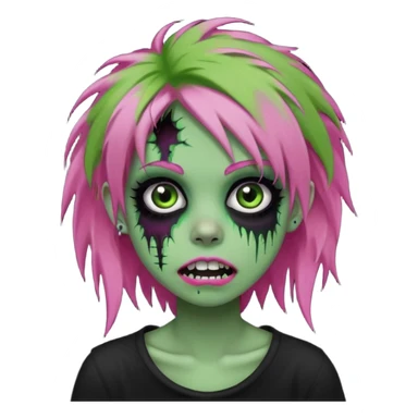 girl, green zombie, pink coily hair, medium long, emo, shaggy, dark, spooky, piercing on eyebrow, colourful teeth, creepy blank expression sticker