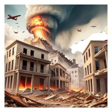 A vintage movie poster-style design with a dramatic scene of a natural disaster like an earthquake, tornado. Include crumbling buildings, flying debris and fiery explosions. The background should be chaotic, with a cinematic, apocalyptic vibe. Transparent background. sticker