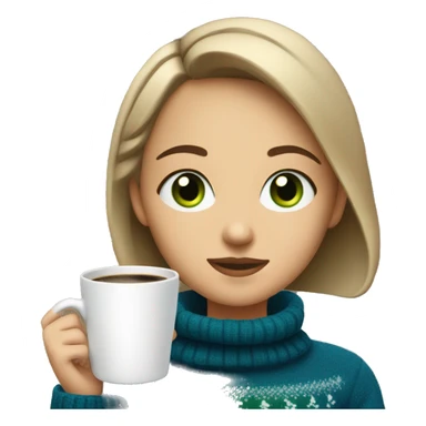 Light brown short haired girl with green eyes drinking coffee wearing blue Christmas sweater sticker
