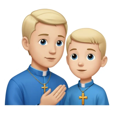 boy in a blue shirt talking to a priest  sticker