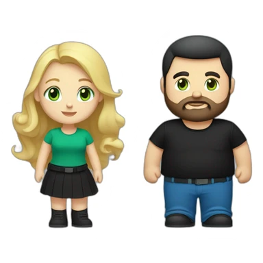A blond chubby girl. She has blue eyes. A black haired and bearded man with green eyes. The man wears a black t-shirt. The woman is wearing a black skirt and a blue shirt sticker