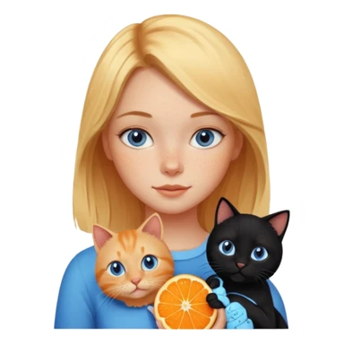 Cute blonde girl with freckles and blue eyes holding an orange cat and a black cat sticker