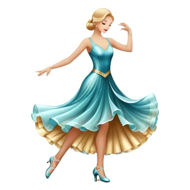 Humanless Icon for Ballroom Dance: elegant ballroom dance shoes, a sparkling dress, and a dance floor with a spotlight. The icon should capture the grace and elegance of ballroom dancing, with emphasis on movement and rhythm. Transparent background. sticker