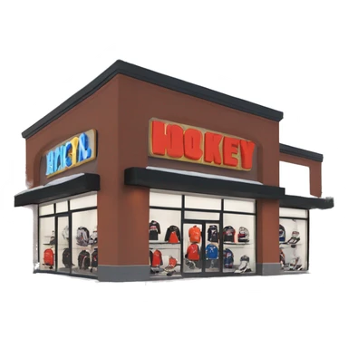 “Hockey store exterior with bold signage, large windows displaying hockey equipment, jerseys, and gear, and a sleek, sporty design that captures the essence of the sport.” sticker
