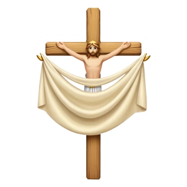 Cross made of wood, the top of the tip of the cross, a golden cross, and a white cloth hanging over the two arms of the cross sticker