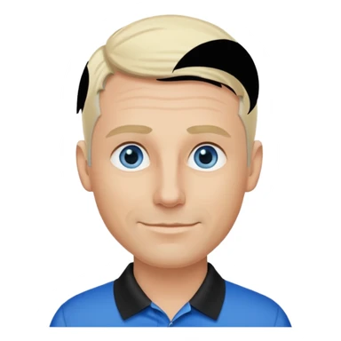 Avatar pic male 35 years old gray hair blue eyes clean shaven blonde eyebrows high cheekbones sly smile long eyelashes wearing a black golf shirt sticker