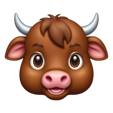 Cinematic Cute Brown Bull Portrait Emoji, Head tilted playfully and inquisitively, featuring a glossy, robust brown hide with a natural sheen, round, sparkling dark eyes filled with gentle curiosity, Simplified yet irresistibly adorable features, highly detailed, glowing with a warm, friendly glow, high shine, affectionate and imposing, stylized with a touch of rugged charm, bright and endearing, soft glowing outline, capturing the essence of a mischievous yet loving bull, so playful it feels like it could stomp out of the screen and into your arms! sticker