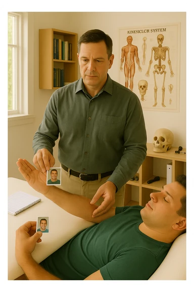 a middle-aged man, dressed in casual professional attire, is in a bright, organized therapy studio. Durante una visita di kinesiologia, il ragazzo tiene con una mano la foto di una persona lontana (il “testimone”) tiene la foto in mano, mentre con l’altra mano esegue un test muscolare su un cliente presente senza foto lui non tiene la foto. Sullo sfondo si vedono libri di kinesiologia, poster anatomici e strumenti tipici della disciplina. L’atmosfera è concentrata e serena, con luce naturale che entra dalla finestra, sottolineando l’aspetto alternativo e umano della pratica. sticker