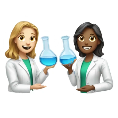  two scientists girls holding one clear glass chemistry sticker